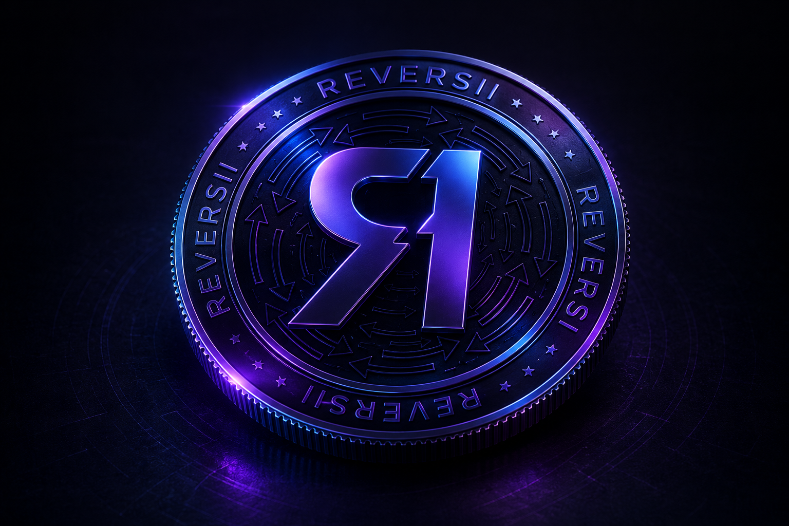 Reversii coin floating above holographic platform